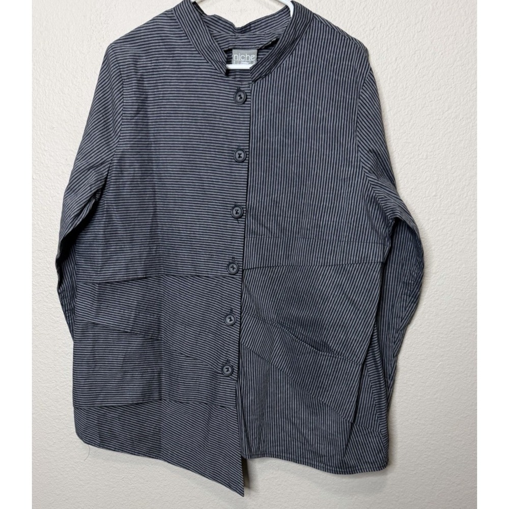 Niche Nilgun Derman‎ Gray Black Striped Cotton Shirt XL Long Sleeve